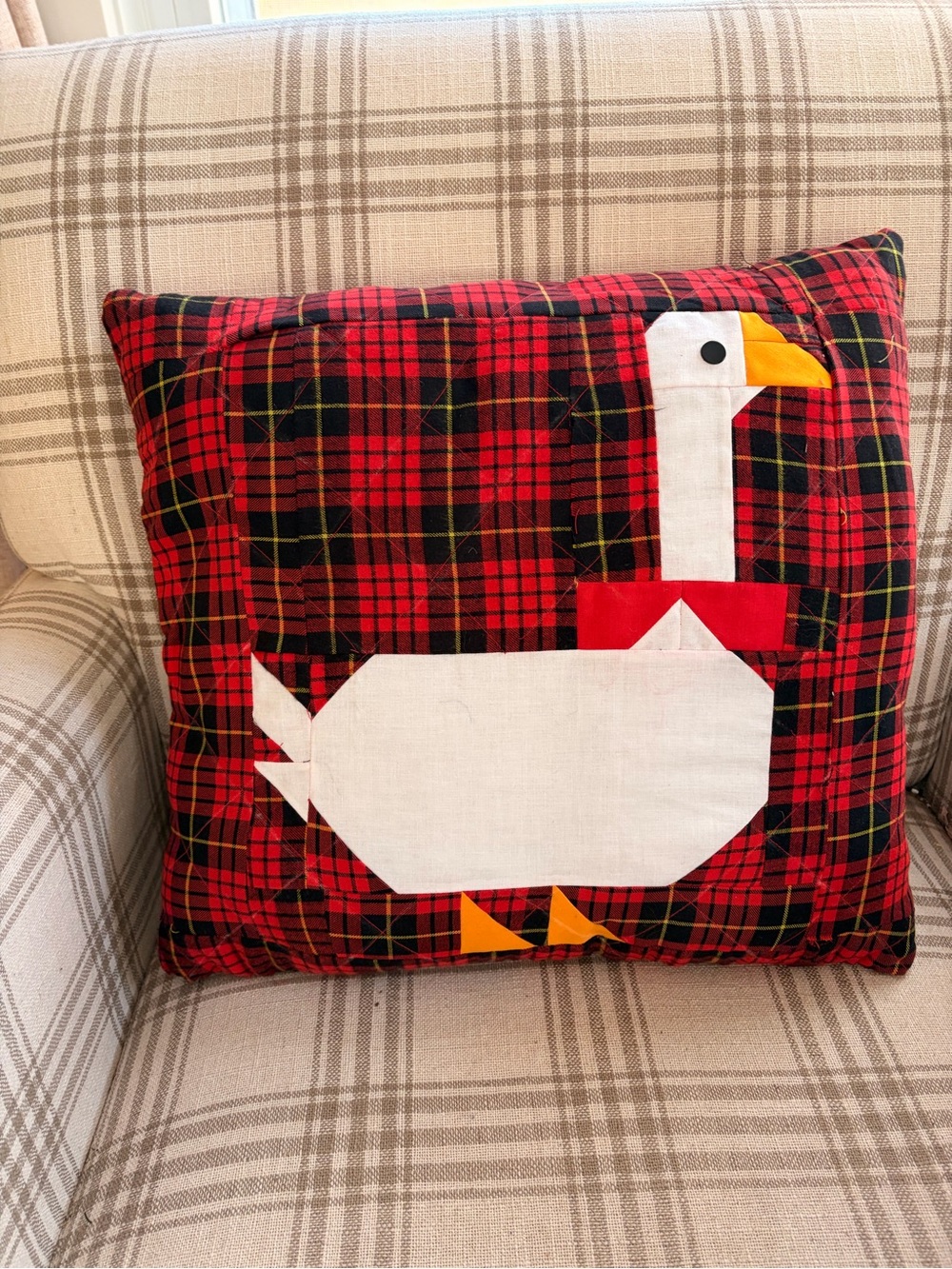Handmade Goose Decorative Pillow - Red Plaid